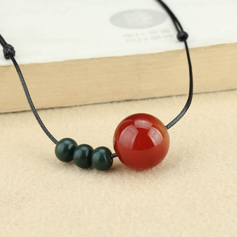 Buddha Stones Red Agate Green Aventurine Green Bodhi Seed Bead Calm Leather Rope Necklace Pendant