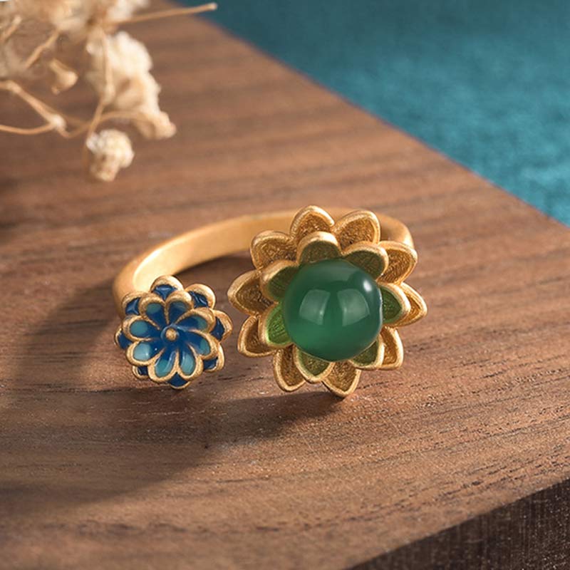 Buddha Stones Lotus Pattern Jade Abundance Adjustable Ring