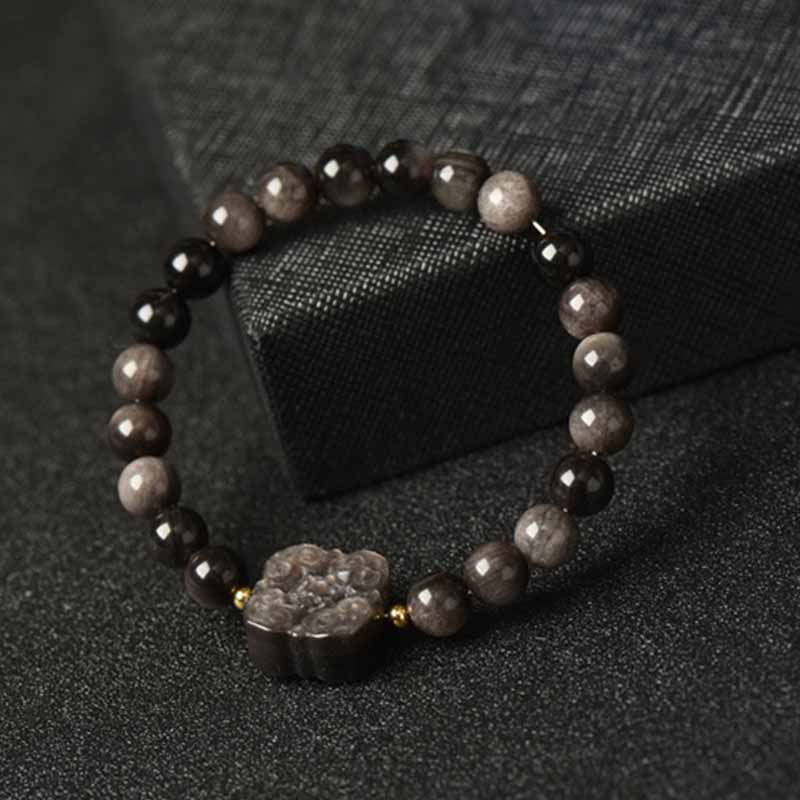 Buddha Stones Silver Sheen Obsidian Lotus Flower Nine Tailed Fox Laughing Buddha Protection Bracelet