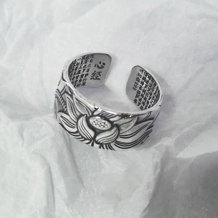 999 Sterling Silver Lotus Symbol Heart Sutra Protection Ring