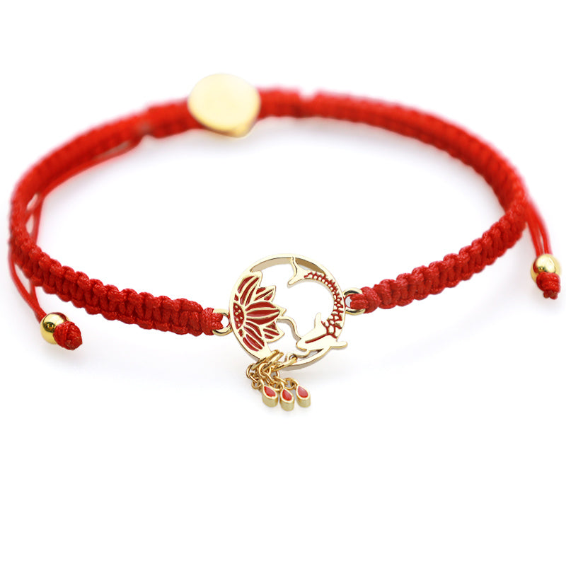 Buddha Stones Tibetan Handmade Lotus Koi Fish Lucky Red String Bracelet