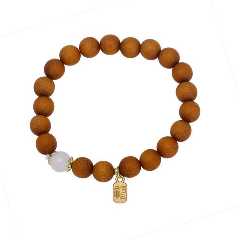 Buddha Stones Sandalwood Cat's Eye Fu Character Charm Protection Bracelet