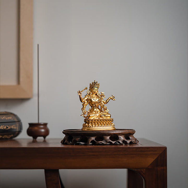 Four-armed Manjusri Bodhisattva Gold Figurine Compassion Serenity Copper Statue Home Decoration