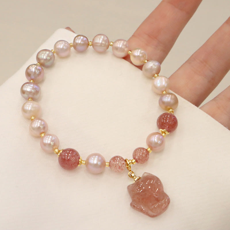 Buddha Stones Natural Pearl Strawberry Quartz Cute Fox Love Healing Charm Bracelet