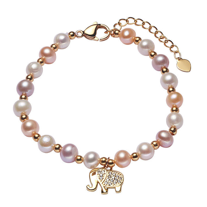 Buddha Stones 18K Gold Plated Pearl Elephant Zircon Charm Sincerity Bracelet