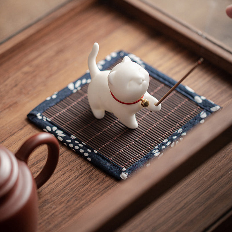 Buddha Stones Mini Lucky Cat Kitten Tea Pet Ceramic Home Desk Figurine Decoration With Bamboo Mat