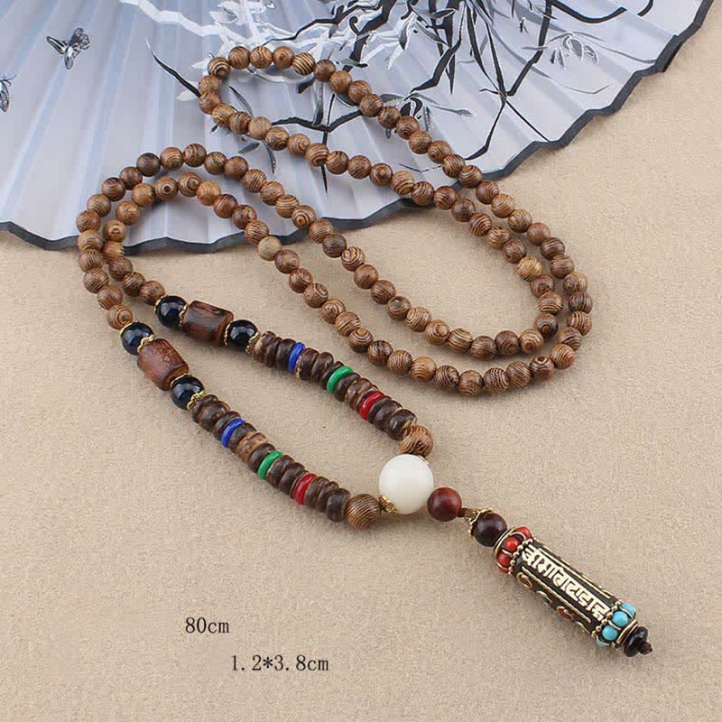 Buddha Stones Tibetan Om Mani Padme Hum Dzi Bead Wenge Wood Necklace Pendant