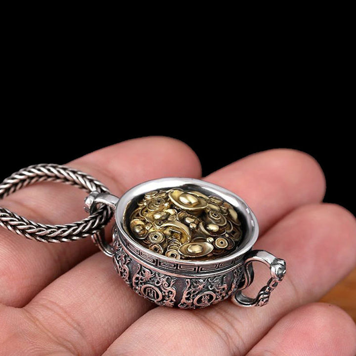 Buddha Stones Treasure Bowl Copper Coin Ingots Wealth Necklace Pendant