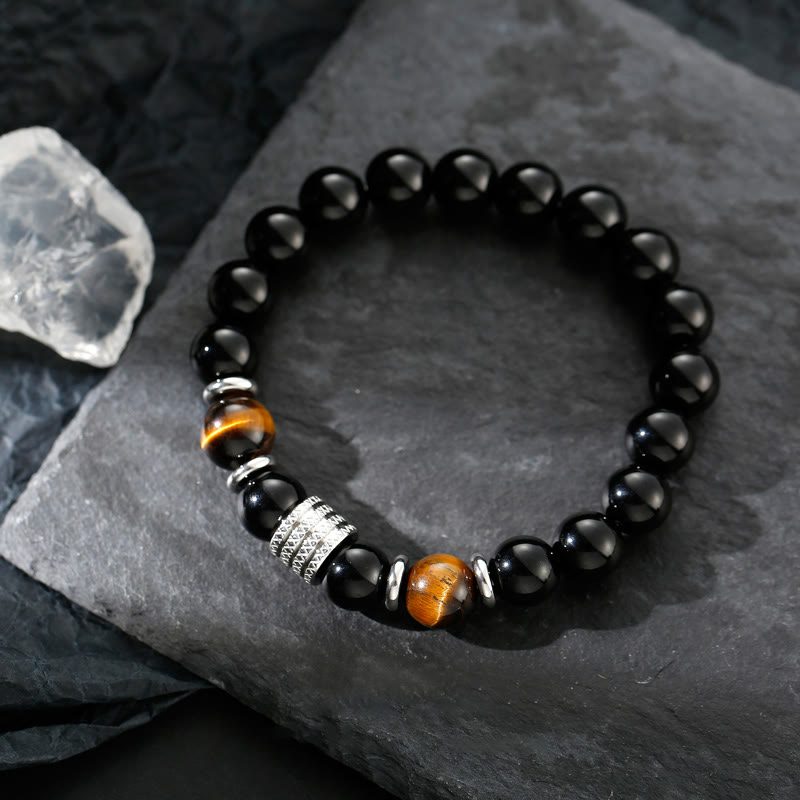 Buddha Stones Natural Black Obsidian Tiger Eye Strength Fulfillment Bracelet