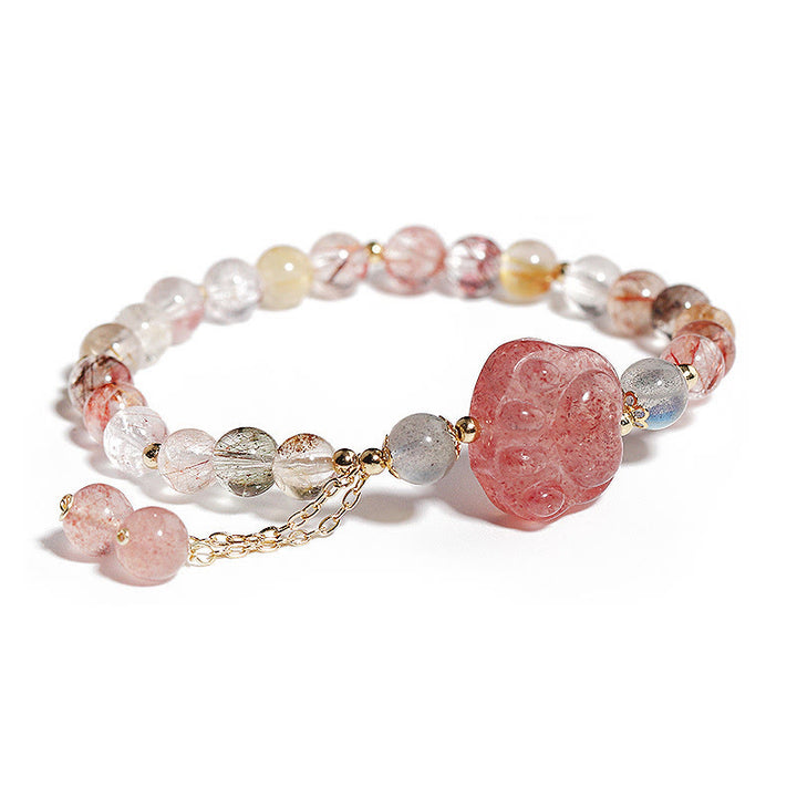 Buddha Stones Natural Strawberry Quartz Cat Paw Claw Colorful Rutilated Quartz Moonstone Love Bracelet