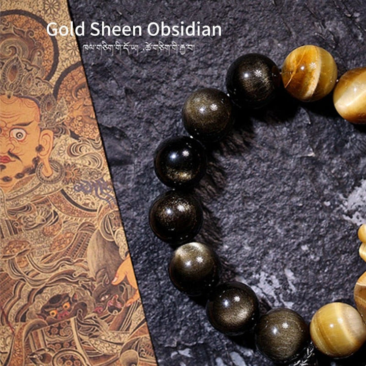 Buddha Stones Natural Gold Sheen Obsidian Tiger Eye Wealth Tassel Bracelet