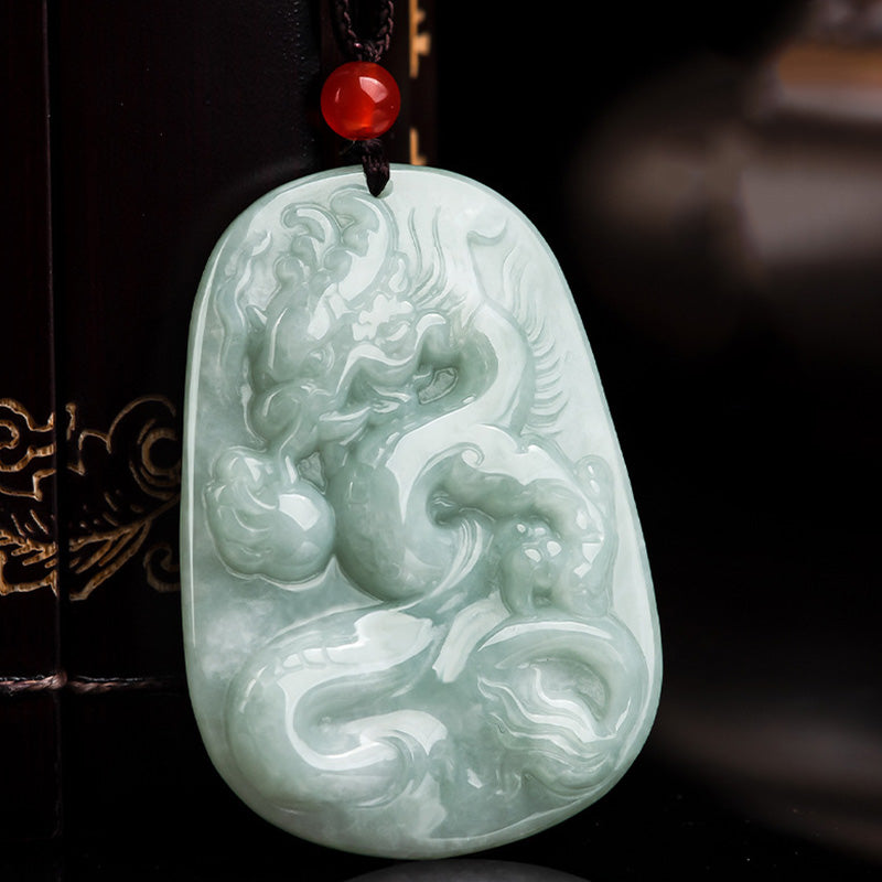 Chinese Zodiac Flying Dragon Jade Protection Necklace String Pendant