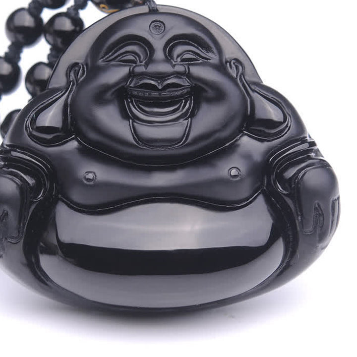 Buddha Stones Laughing Buddha Black Obsidian Transformation Pendant Necklace