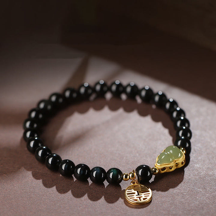 Natural Black Obsidian Hetian Jade Gourd Double Happiness Strength Bracelet