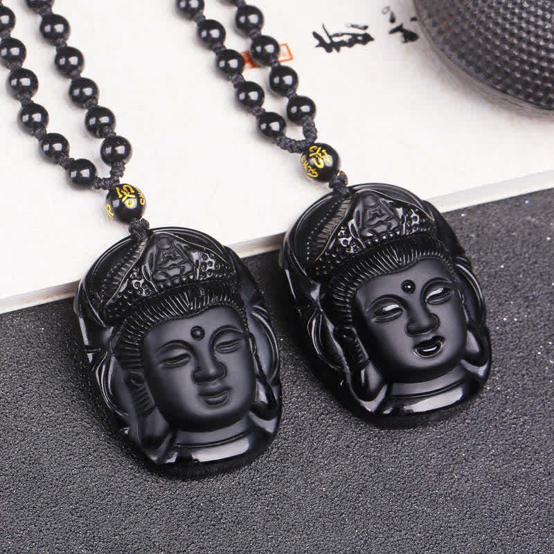 Buddha Stones Natural Black Obsidian Kwan Yin Avalokitesvara Strength String Necklace Pendant