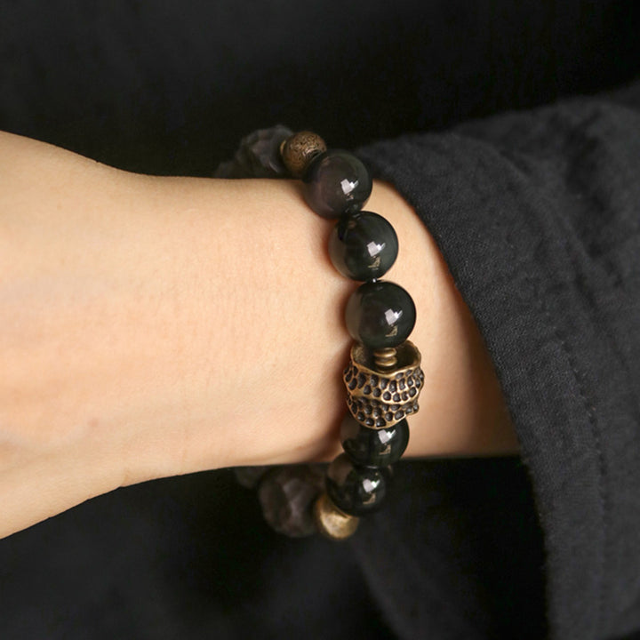 Buddha Stones Black Obsidian Ebony Wood Copper Strength Couple Bracelet