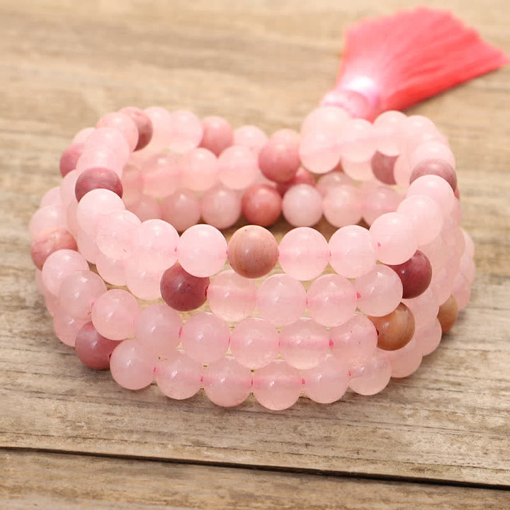 108 Mala Beads Pink Crystal Love Tassel Bracelet