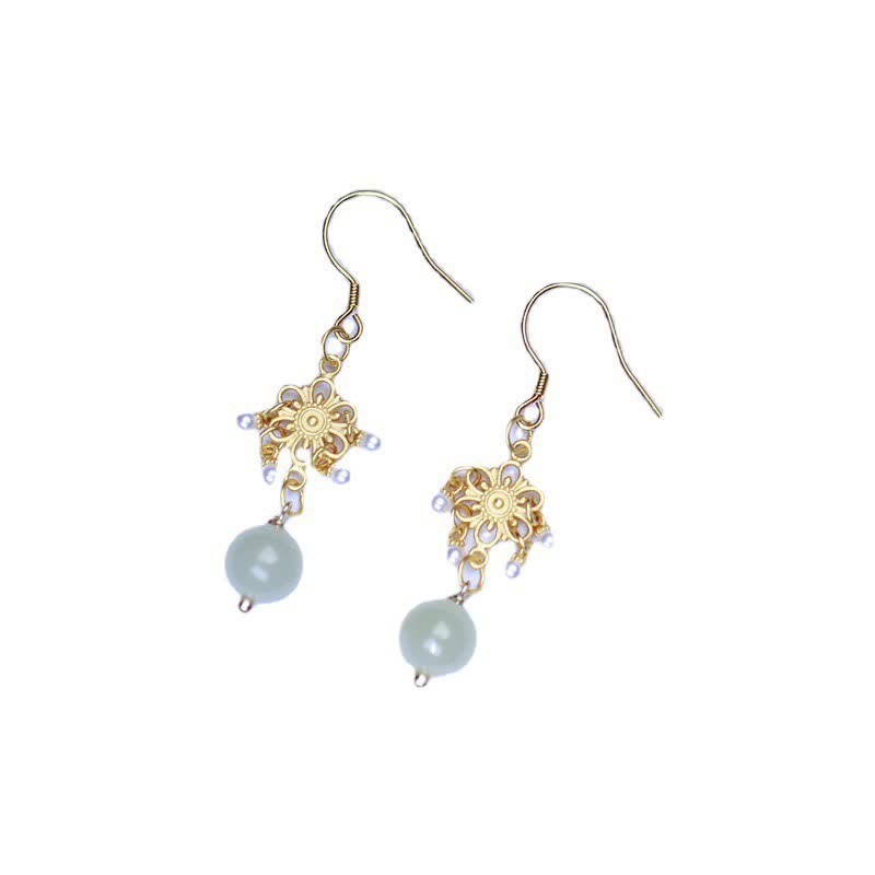 Hetian Jade Flower Pattern 14K Gold Plated Luck Drop Dangle Earrings