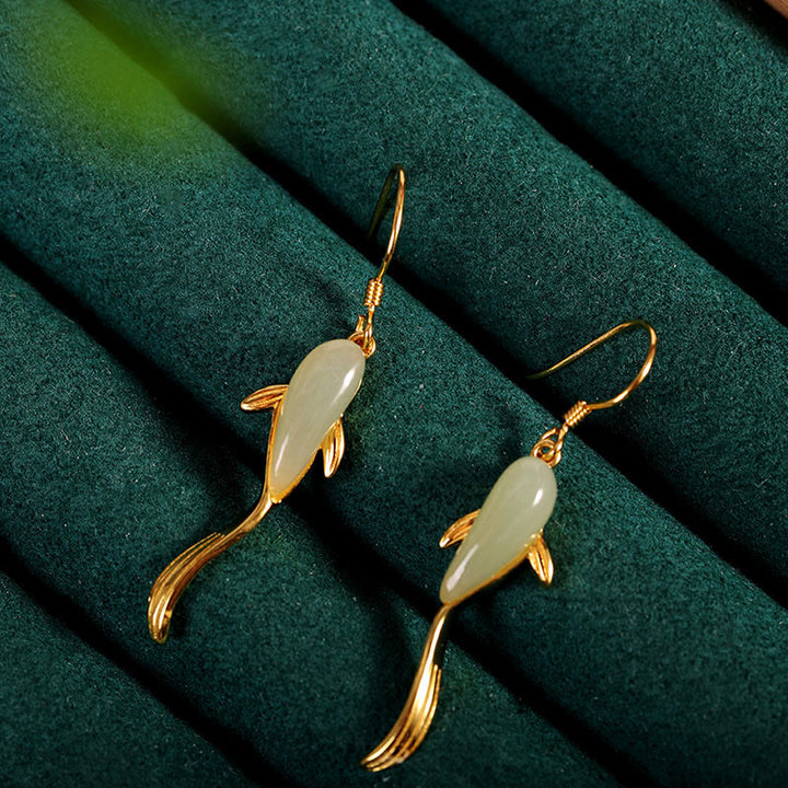 Fish Pattern Jade Luck Dangle Drop Earrings