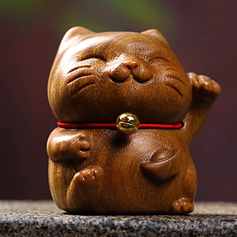 Buddha Stones Green Sandalwood Small Mini Cute Lucky Cat Peace Decorations