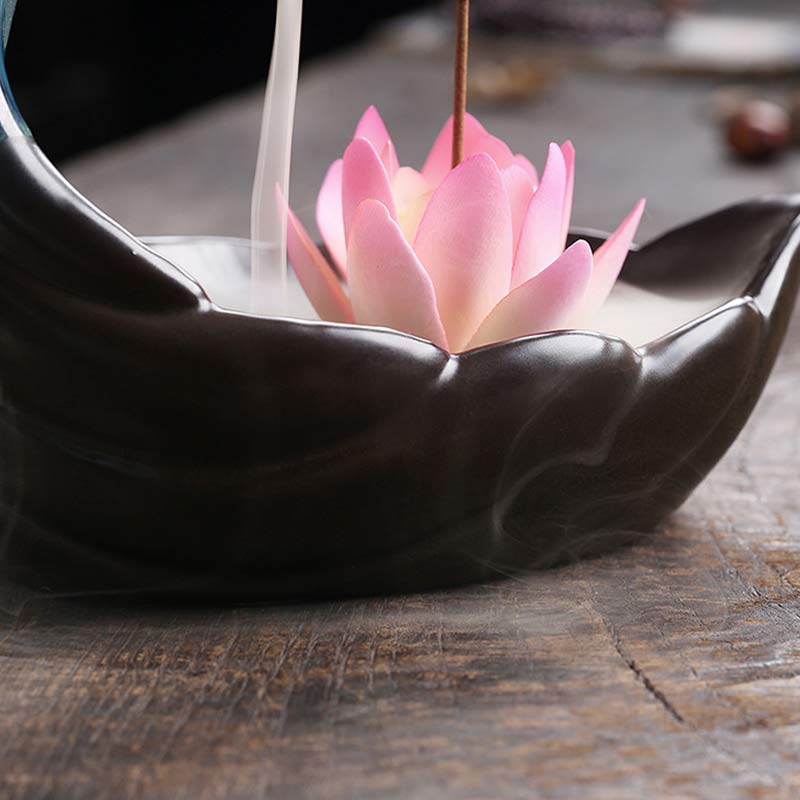 Buddha Stones Little Deer Ceramic Lotus Meditation Incense Burner Decoration