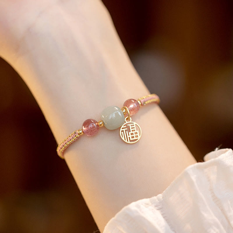 Buddha Stones Handmade Strawberry Quartz Hetian Jade Bead Fu Character Healing Bracelet