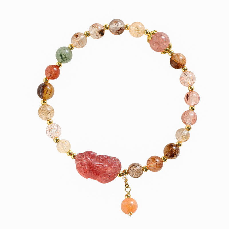 Buddha Stones Natural Rutilated Quartz Strawberry Quartz PiXiu Wealth Bracelet