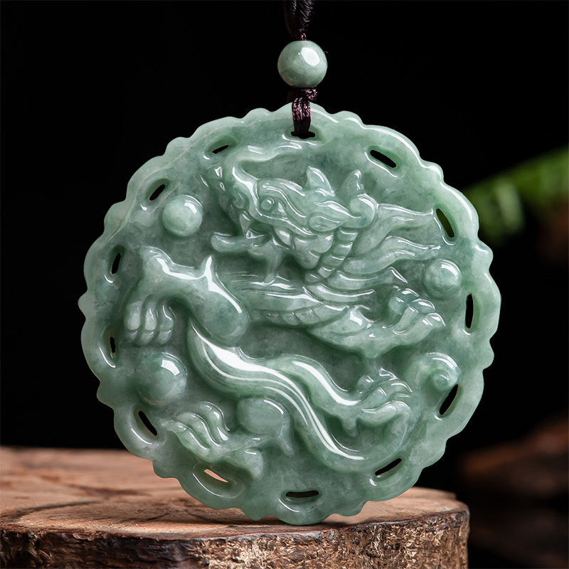 Chinese Zodiac Dragon Phoenix Round Jade Luck Necklace String Pendant