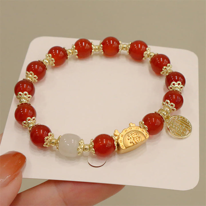 Buddha Stones Year Of The Dragon Red Agate Strawberry Quartz Black Obsidian Jade Garnet Pearl Cinnabar Dumpling Dragon Luck Fu Character Bracelet