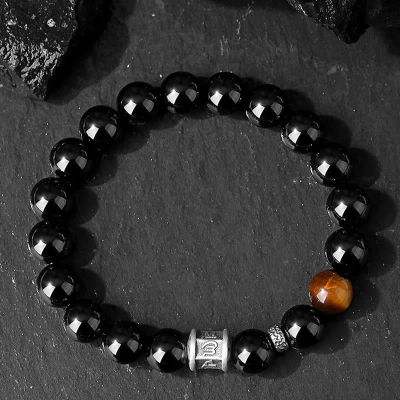 Buddha Stones 999 Sterling Silver Black Obsidian Tiger Eye Om Mani Padme Hum Fulfillment Bracelet