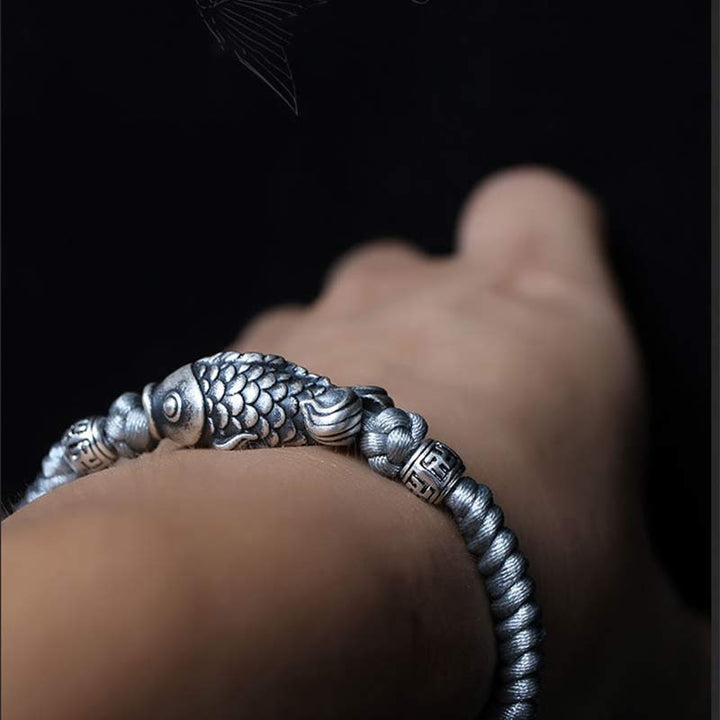 Buddha Stones Silver Luck Koi Fish Braided String Bracelet