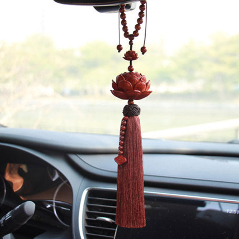 Buddha Stones Tibetan Small Leaf Red Sandalwood Lotus Luck Protection Tassel Decoration