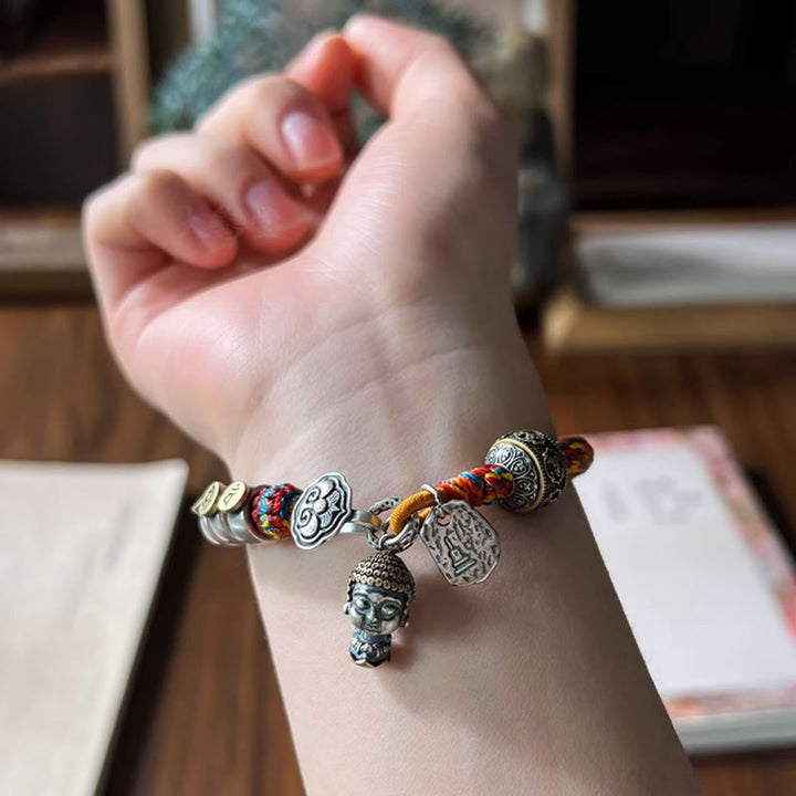 Buddha Stones Handmade Tibetan 925 Sterling Silver Chinese Zodiac Natal Buddha Zakiram Goddess of Wealth Protection Multicolored Rope Braided Bracelet