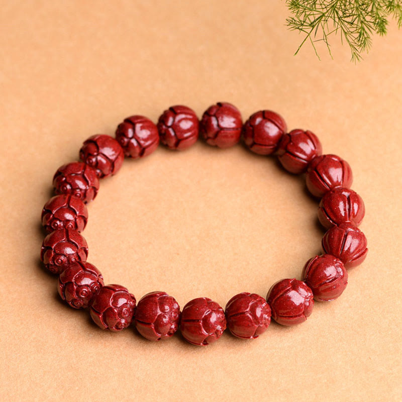 Buddha Stones Natural Cinnabar Om Mani Padme Hum Fret Pattern Lotus Blessing Bracelet