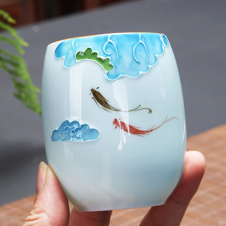 Buddha Stones Koi Fish Lotus Landscape Dandelion Peony Flower Ceramic Teacup Kung Fu Tea Cup