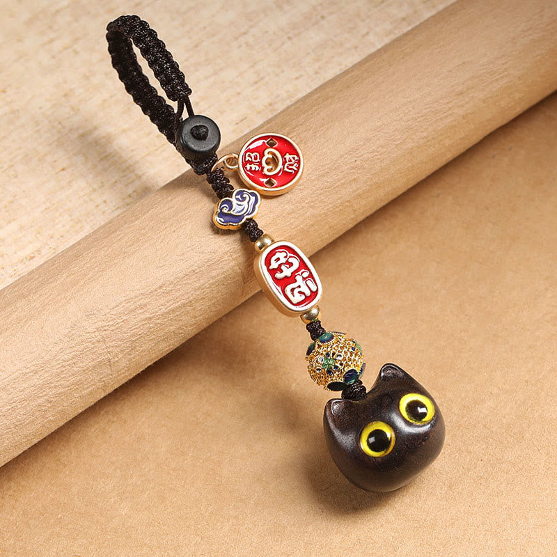 Buddha Stones Ebony Wood Lucky Cat Auspicious Cloud Peace Key Chain Phone Hanging Decoration