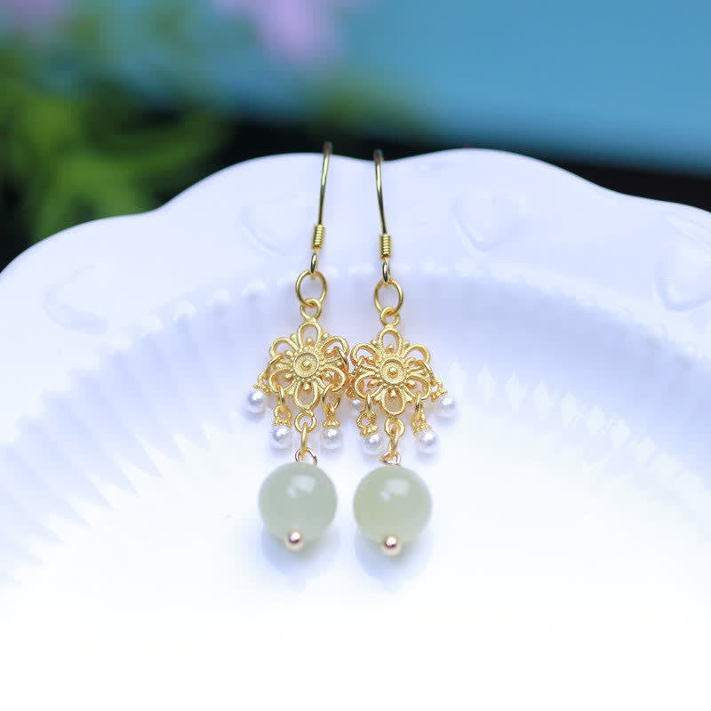 Hetian Jade Flower Pattern 14K Gold Plated Luck Drop Dangle Earrings