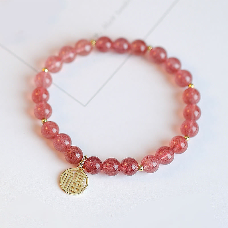 Buddha Stones 14K Gold Plated Strawberry Quartz Fu Character Healing Charm Bracelet