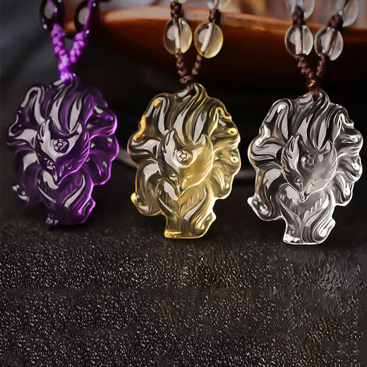 Buddha Stones Natural Amethyst White Crystal Citrine Nine Tailed Fox Luck Necklace Pendant