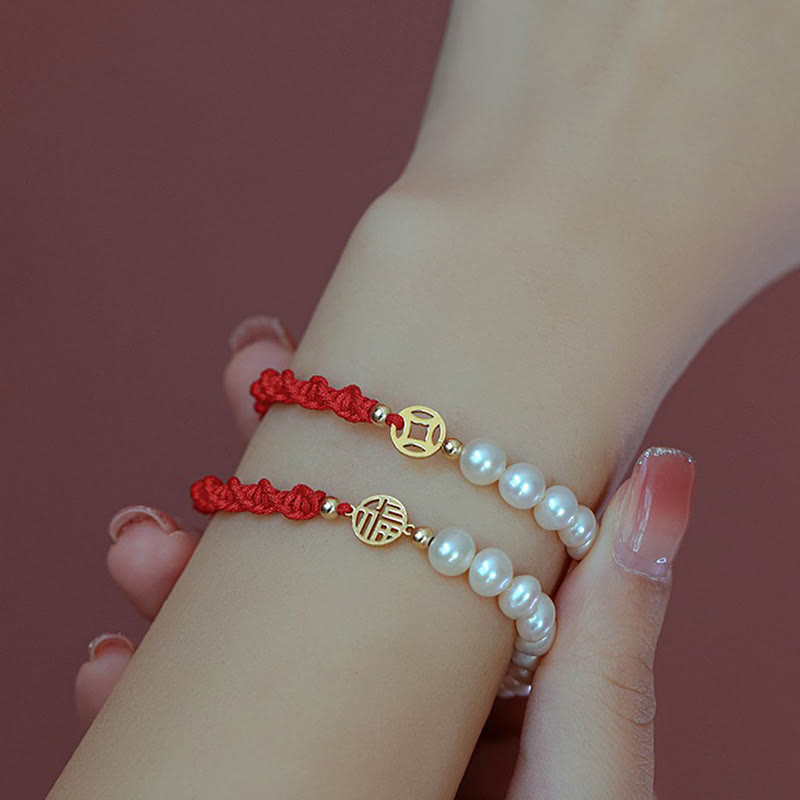 14K Gold Plated Pearl Bead Luck Protection Braid Red String Bracelet