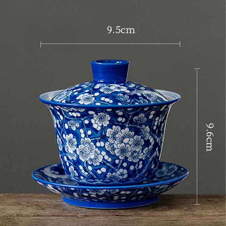 Buddha Stones Plum Blossom Blue And White Porcelain Ceramic Gaiwan Sancai Teacup Kung Fu Tea Cup And Saucer With Lid 185ml