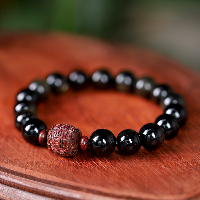 Buddha Stones Natural Gold Sheen Obsidian Rainbow Obsidian Om Mani Padme Hum Fu Character Healing Bracelet