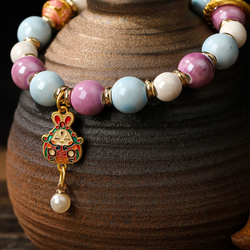 Buddha Stones Tibetan Zakiram Goddess of Wealth Rabbit Lion Head Charm Liuli Glass Incense Ash Porcelain Bead Protection Bracelet