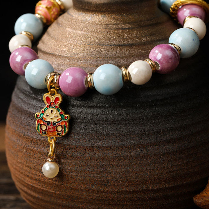 Buddha Stones Tibetan Zakiram Goddess of Wealth Rabbit Lion Head Charm Liuli Glass Incense Ash Porcelain Bead Protection Bracelet