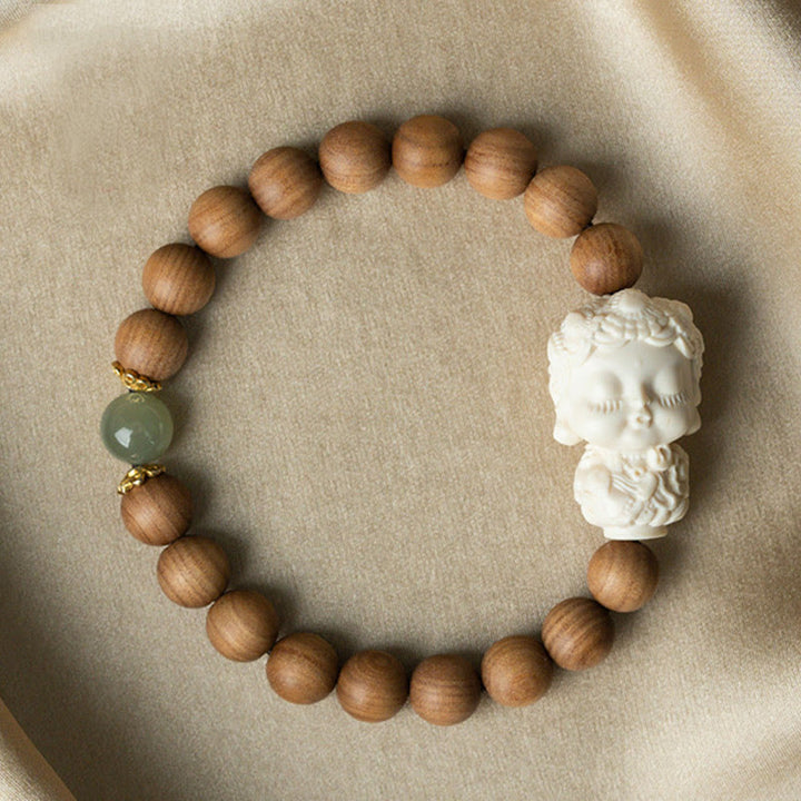 Buddha Stones Sandalwood Hetian Jade Ivory Fruit Green Tara Protection Bracelet