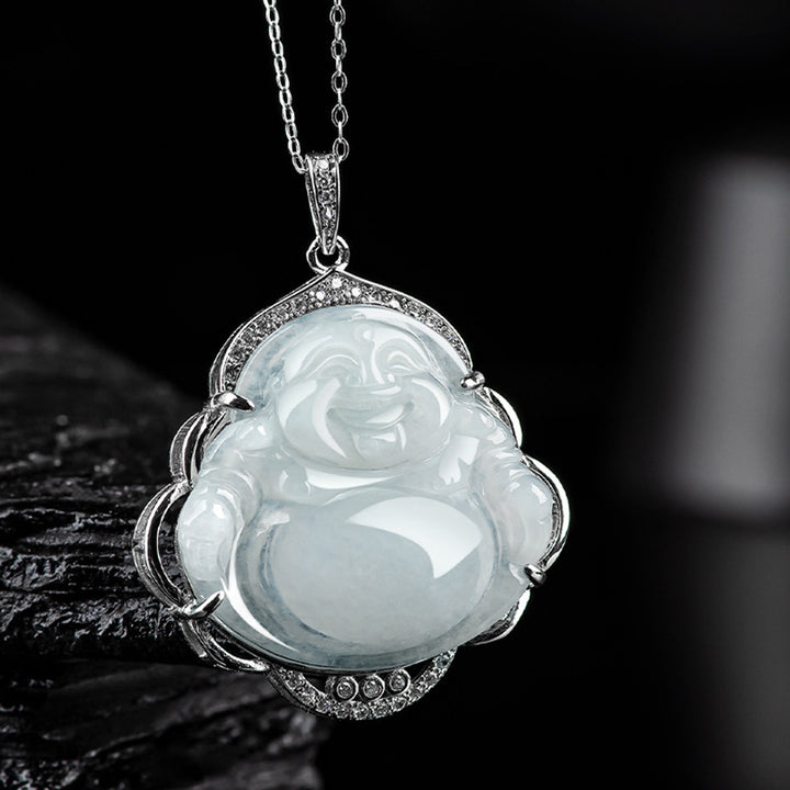 925 Sterling Silver Laughing Buddha Natural Jade Abundance Necklace Pendant