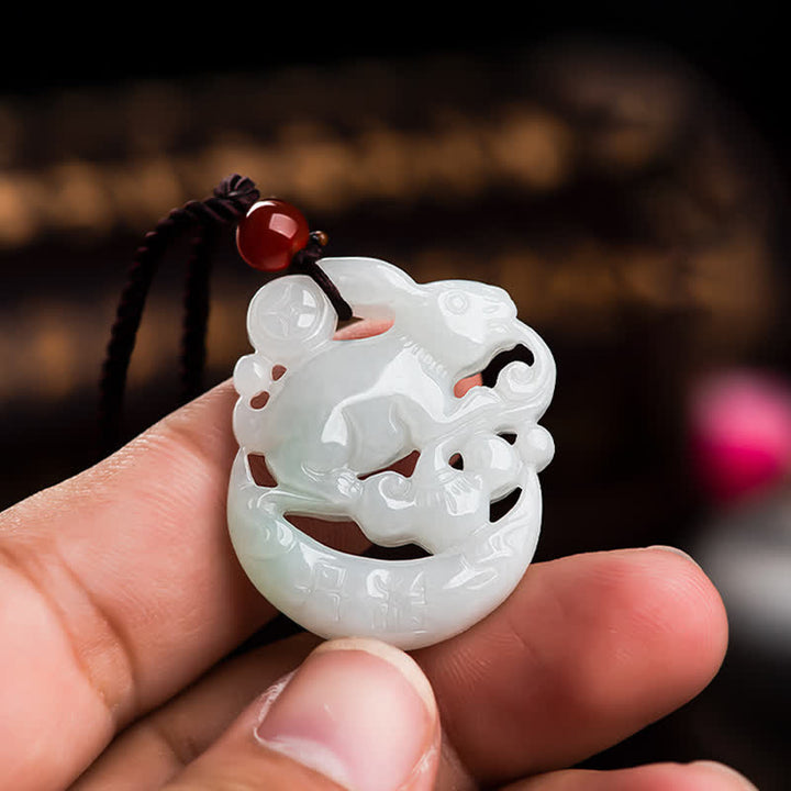 Year of the Rabbit White Jade Crescent Moon Protection Necklace Pendant