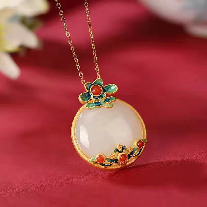 White Jade Red Agate Flower Blessing Luck Necklace Pendant