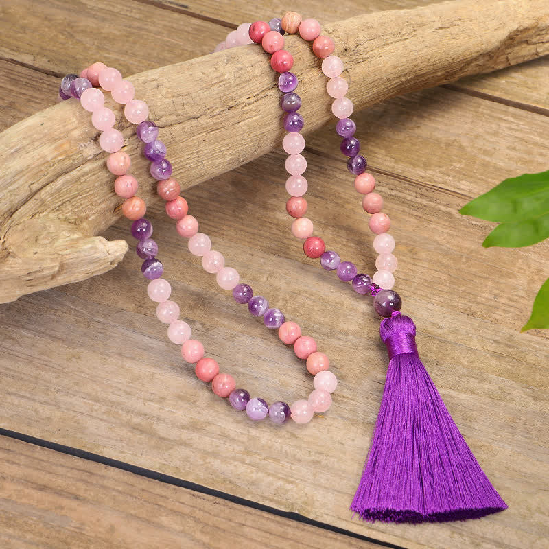 Buddha Stones 108 Mala Beads Amethyst Rose Quartz Spiritual Healing Tassel Bracelet