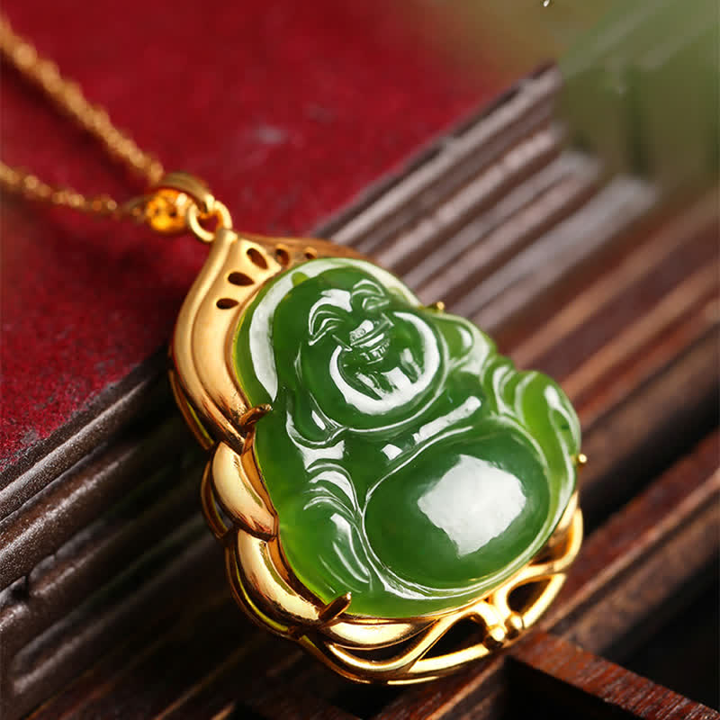 925 Sterling Silver Natural Hetian Cyan Jade Laughing Buddha 18K Gold Healing Necklace Chain Pendant